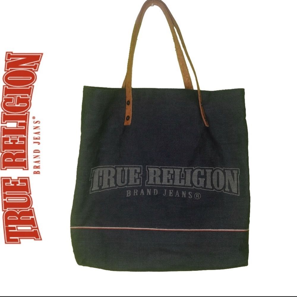 True Religion Denim Jean Tote Bag Leather Strapped
